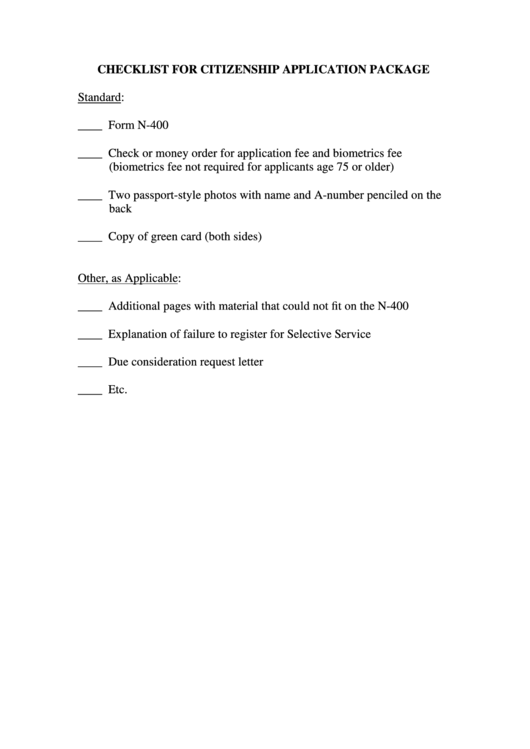 Checklist Form For Citizenship Application Package Printable pdf