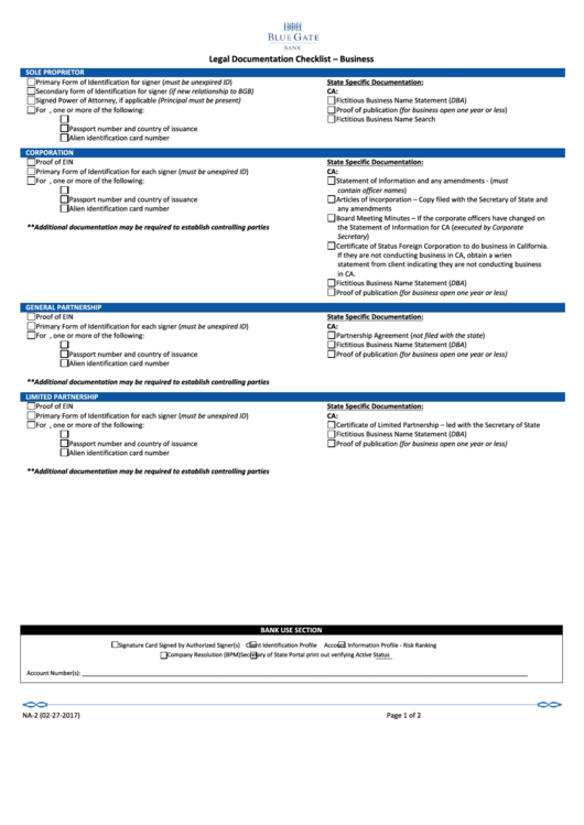 Legal Documentation Checklist Form - Business Printable pdf