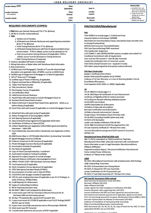 Fillable Ihda Delivery Checklist Form printable pdf download