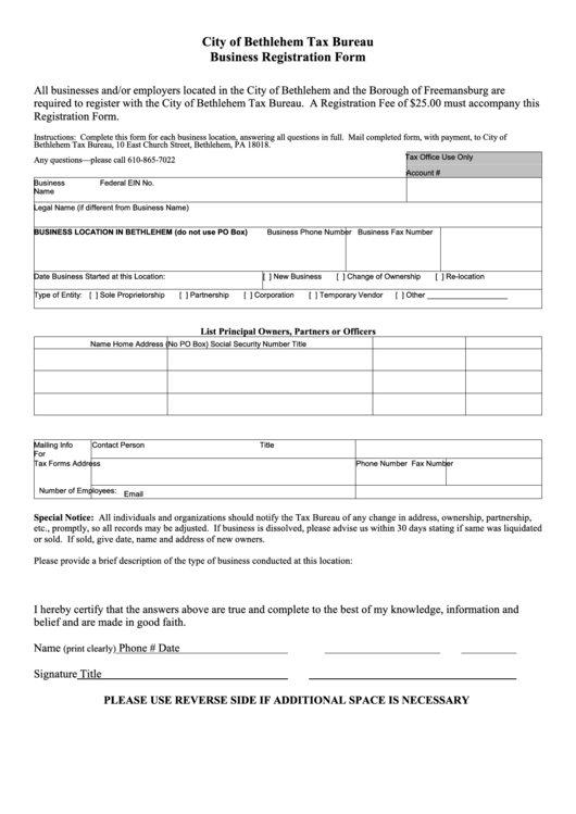 Business Registration Form - City Of Bethlehem Tax Bureau Printable pdf