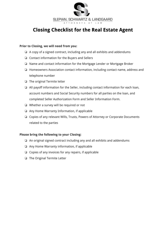 Closing Checklist Form For The Real Estate Agent Printable pdf