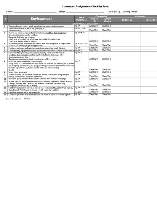 Classroom: Assignments/checklist Form Printable pdf