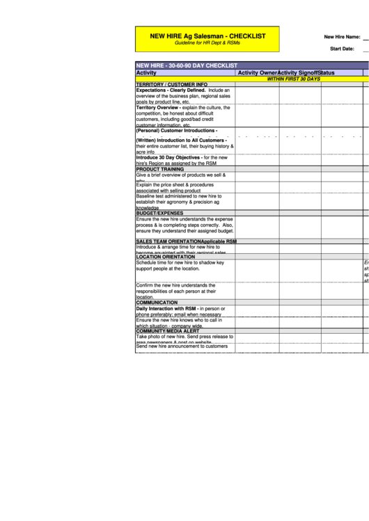 New Hire Ag Salesman - Checklist Form
