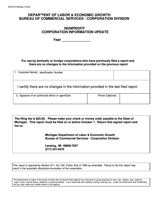 Fillable Form Bcs/cd-2000wg - Nonprofit Corporation Information Update Printable pdf