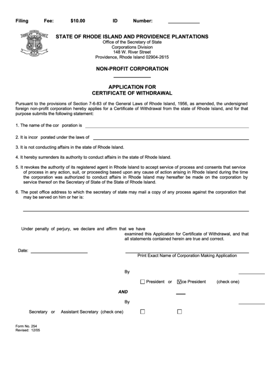 Fillable Form 254 - Application For Certificate Of Withdrawal Printable pdf