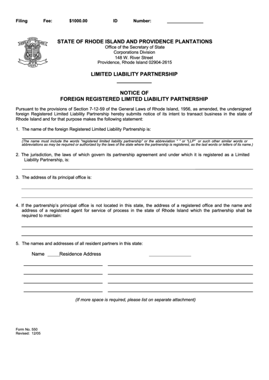 Fillable Form No. 550 - Notice Of Foreign Registered Limited Liability Partnership - Rhode Island Secretary Of State Printable pdf