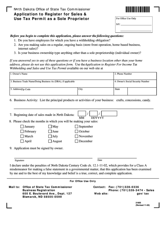 Fillable 21955 - Application To Register For Sales & Use Tax Permit As A Sole Proprietor Form Printable pdf