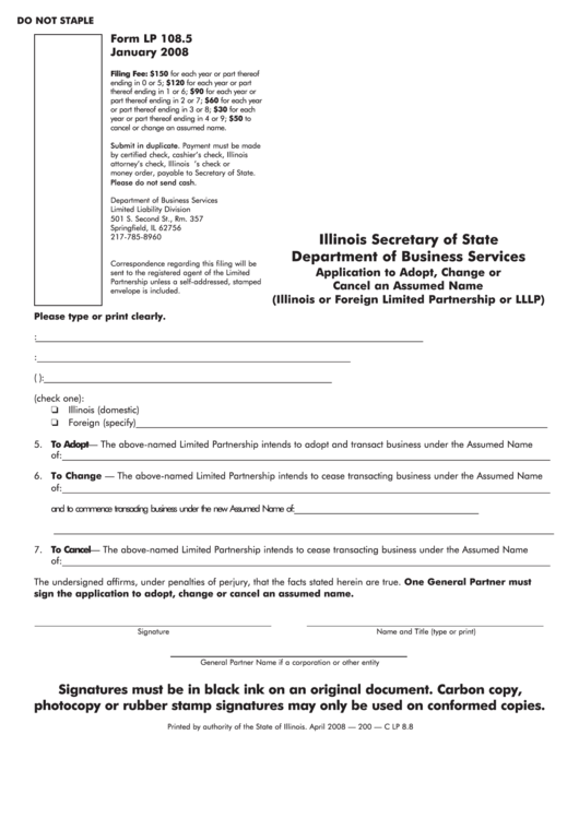 Fillable Form Lp 108.5 - Application To Adopt, Change Or Cancel An Assumed Name - Illinois Secretary Of State Printable pdf