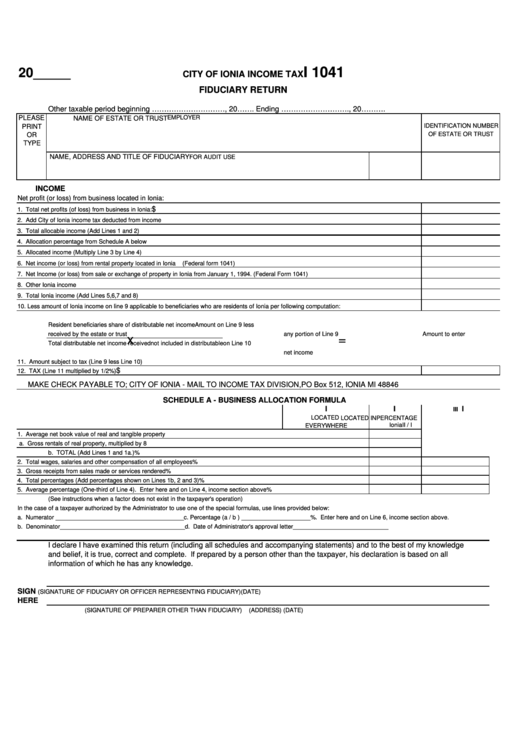 Form I 1041 - Income Tax Fiduciary Return Printable pdf