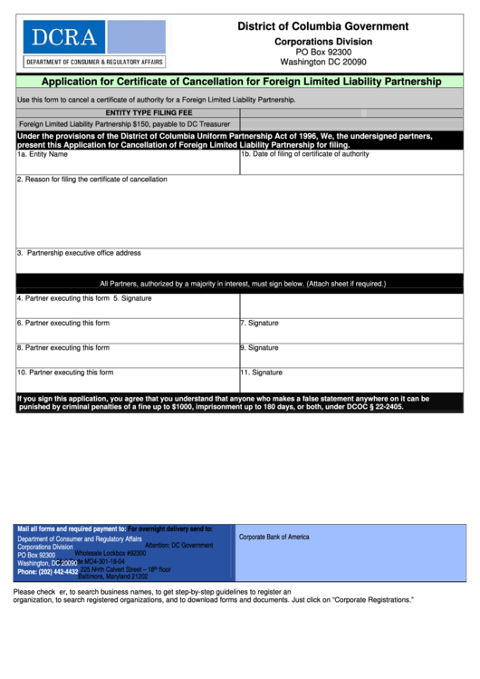 Application For Certificate Of Cancellation For Foreign Limited Liability Partnership - Dcra Printable pdf