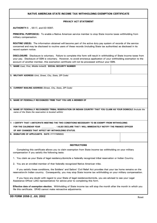Fillable Dd Form 2058-2 - Native American State Income Tax Withholding Exemption Certificate Privacy Act Statement Form Printable pdf