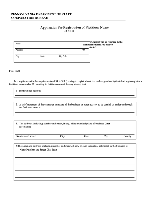 Fillable Application For Registration Of Fictitious Name Form - Pennsylvania Department Of State Corporation Bureau Printable pdf