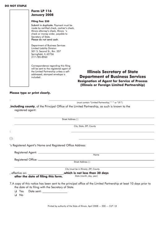 Fillable Form Lp 116 - Resignation Of Agent For Service Of Process (Illinois Or Foreign Limited Partnership) Form - Illinois Secretary Of State Printable pdf