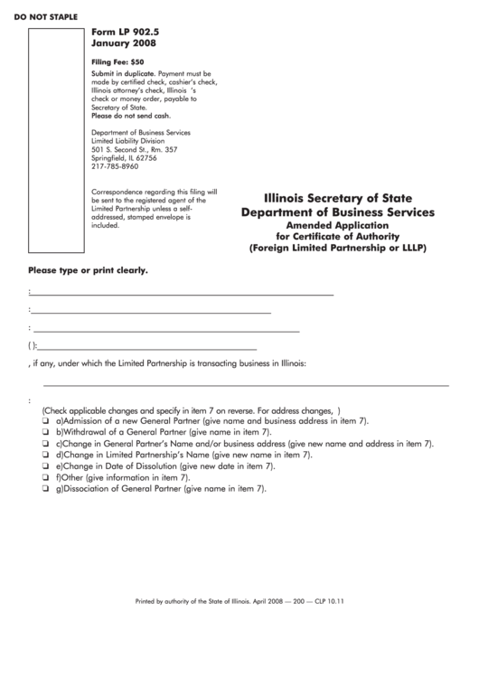 Fillable Form Lp 902.5 - Amended Application For Certificate Of Authority (Foreign Limited Partnership Or Lllp) - Illinois Secretary Of State Printable pdf