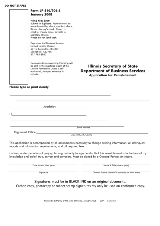 Fillable Form Lp 810/906.5 - Application For Reinstatement - Illinois Secretary Of State Printable pdf