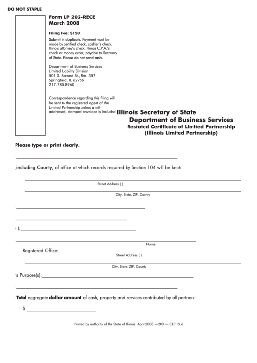 Form Lp 202-rece - Restated Certificate Of Limited Partnership (illinois Limited Partnership) - Illinois Secretary Of State