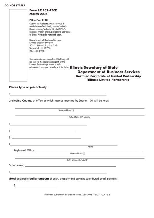 Fillable Form Lp 202-Rece - Restated Certificate Of Limited Partnership (Illinois Limited Partnership) - Illinois Secretary Of State Printable pdf