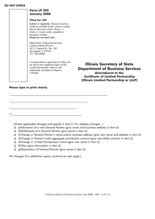 Form Lp 202 - Amendment To The Certificate Of Limited Partnership (illinois Limited Partnership Or Lllp) - Illinois Secretary Of State