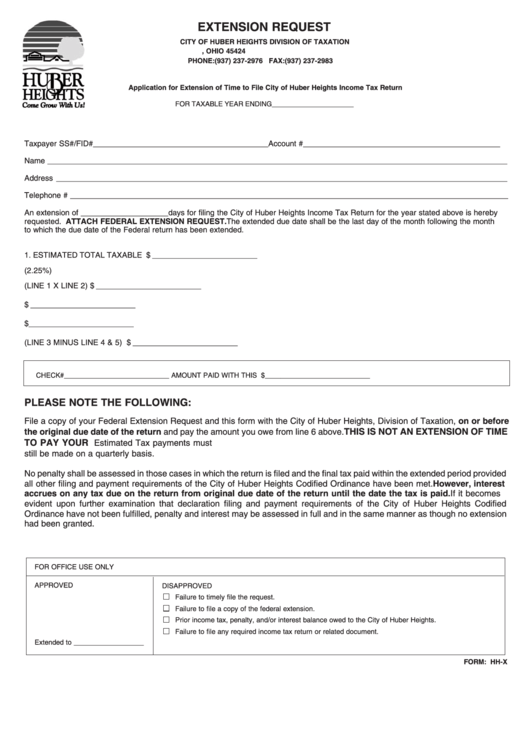 Form: Hh-X - Application For Extension Of Time To File City Of Huber Heights Income Tax Return Printable pdf