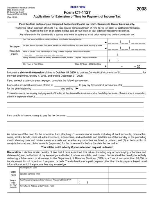 Fillable Form Ct-1127 - Application For Extension Of Time For Payment Of Income Tax - 2008 Printable pdf