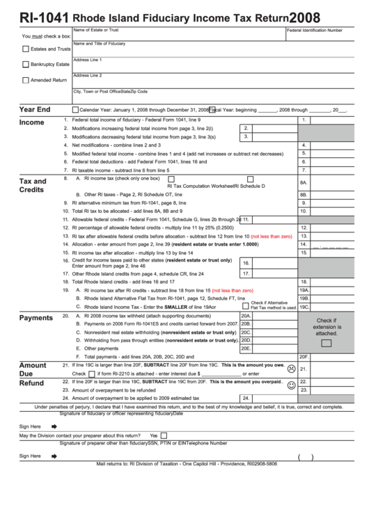 Form Ri-1041 - Rhode Island Fiduciary Income Tax Return - 2008 Printable pdf