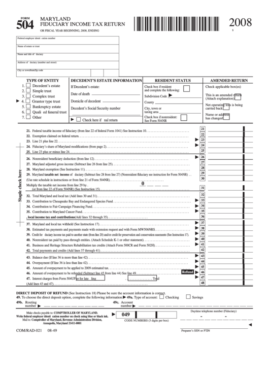 Fillable Form 504 - Maryland Fiduciary Income Tax Return - 2008 Printable pdf