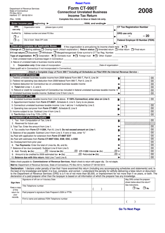 Fillable Form Ct-990t - Connecticut Unrelated Business Income Tax Return - 2008 Printable pdf