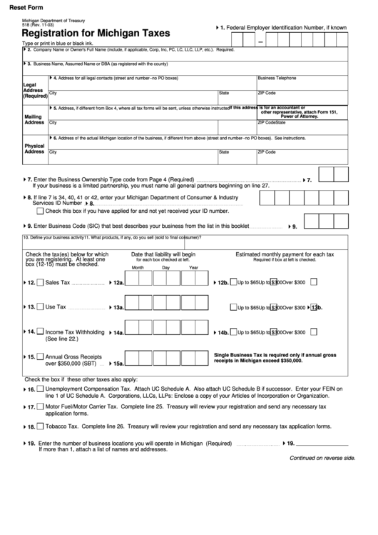 Fillable Form 518 - Registration For Michigan Taxes - 2003 Printable pdf
