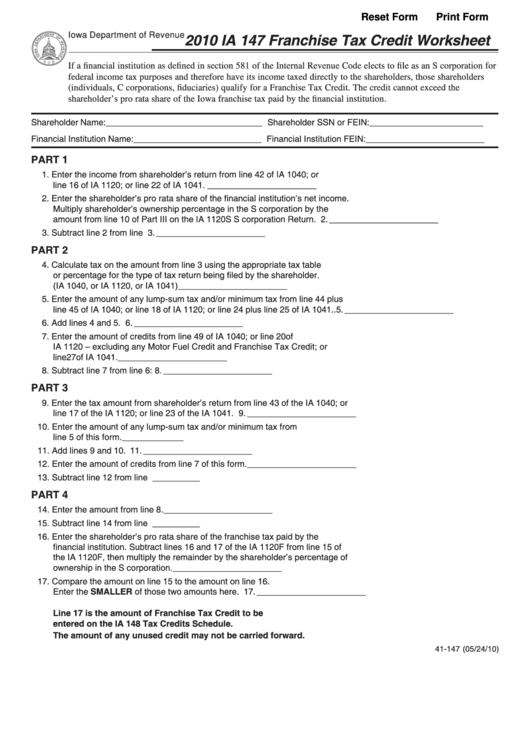 Fillable Form Ia 147 - Franchise Tax Credit Worksheet - 2009 Printable pdf