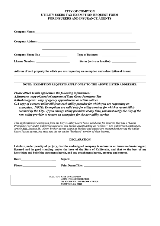 Utility Users Tax Exemption Request Form For Insurers And Insurance Agents Form California City Of Compton Printable pdf