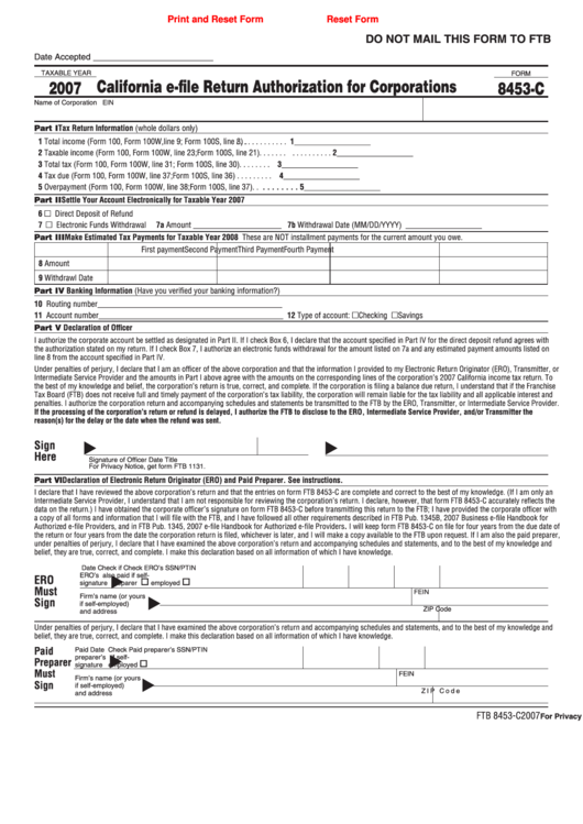 Fillable Form 8453-C - California E-File Return Authorization For Corporations - 2007 Printable pdf