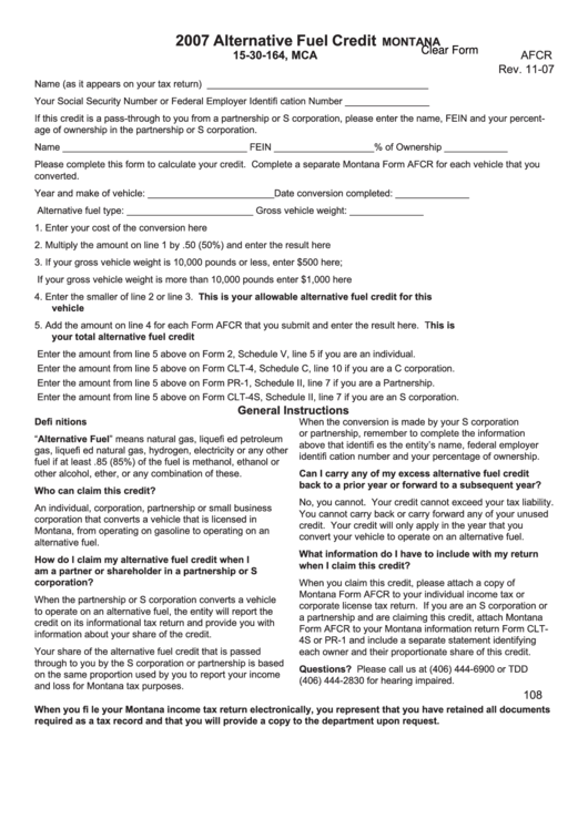 Fillable Montana Form Afcr - Alternative Fuel Credit - 2007 Printable pdf