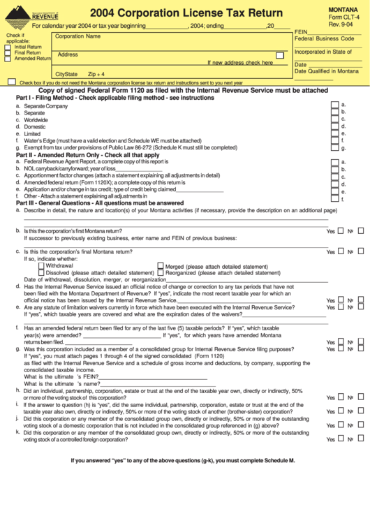 Form Clt-4 - Corporation License Tax Return - 2004 Printable pdf