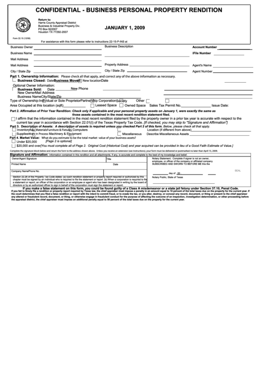 Form 22.15 - Confidential - Business Personal Property Rendition Form (texas) - 2009
