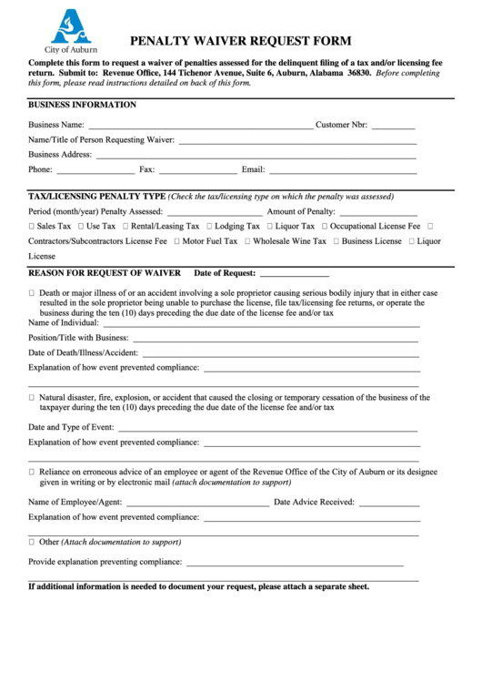 Penalty Waiver Request Form - City Of Auburn Alabama Printable pdf