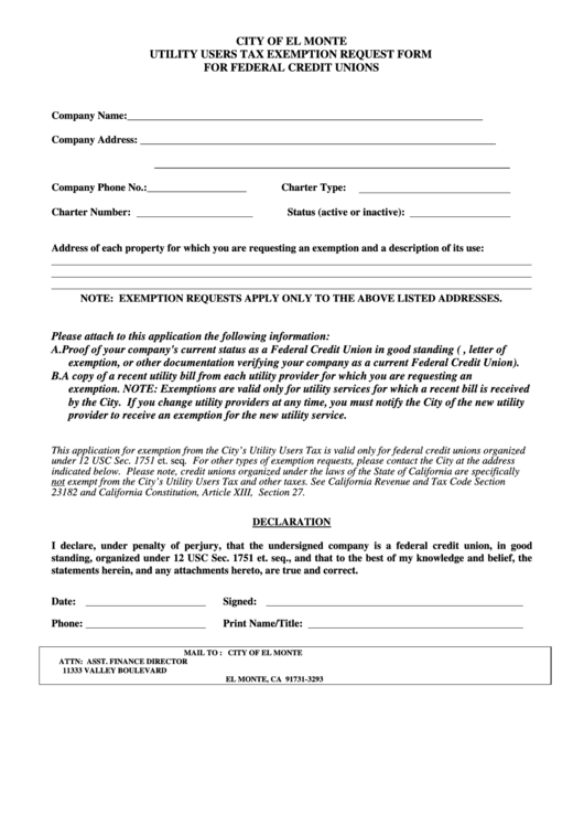 Utility Users Tax Exemption Request Form For Federal Credit Unions - City Of El Monte Printable pdf