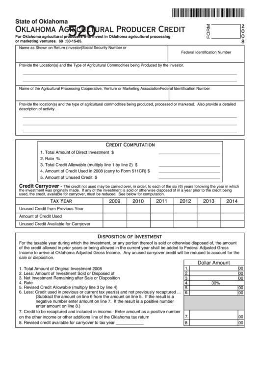 Fillable Form 520 - Oklahoma Agricultural Producer Credit Form - 2008 Printable pdf