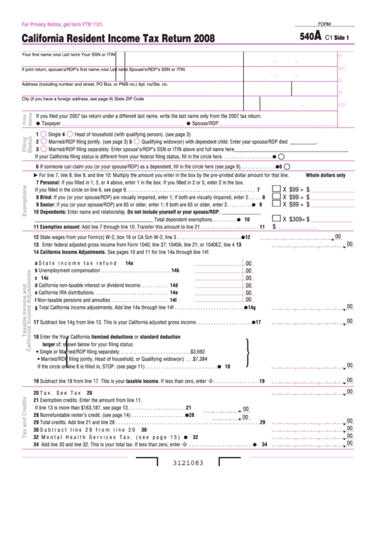 Fillable Form 540a - California Resident Income Tax Return - 2008 Printable pdf