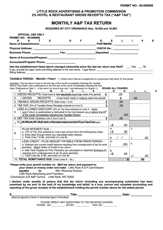 Monthly A&p Tax Return Form printable pdf download