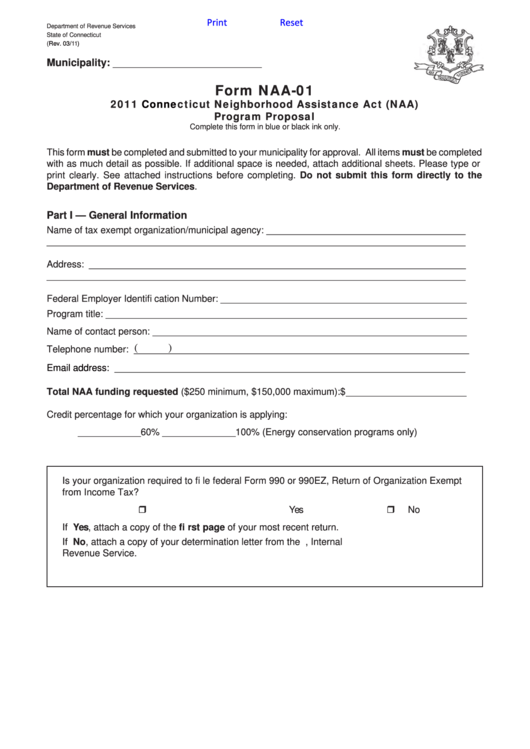 Fillable Form Naa-01 - Connecticut Neighborhood Assistance Act (Naa) Program Proposal - 2011 Printable pdf