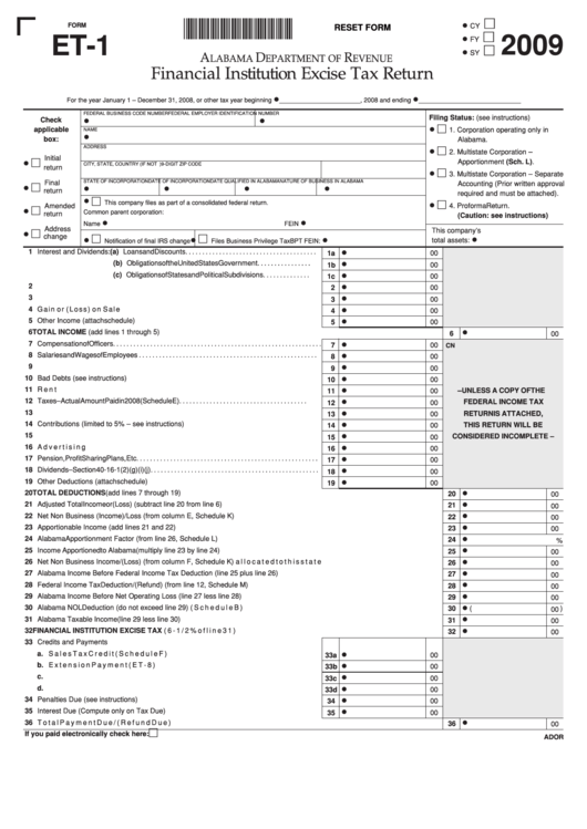 Fillable Form Et-1 - Financial Institution Excise Tax Return - 2009 Printable pdf