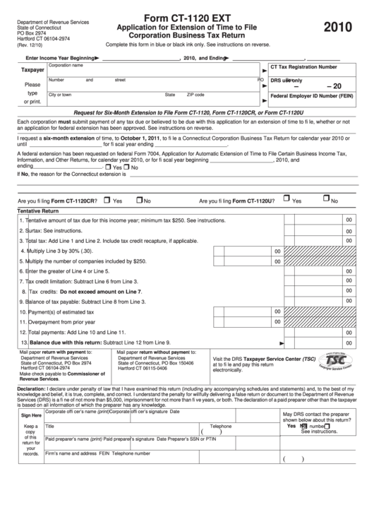 Form Ct-1120 Ext - Application For Extension Of Time To File - Corporation Business Tax Return - 2010 Printable pdf