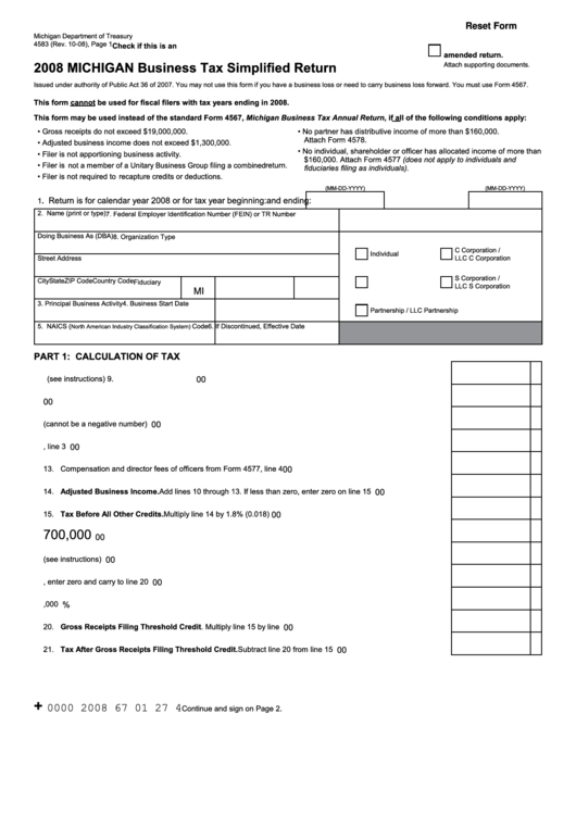 Fillable Form 4583 - Michigan Business Tax Simplified Return - 2008 Printable pdf