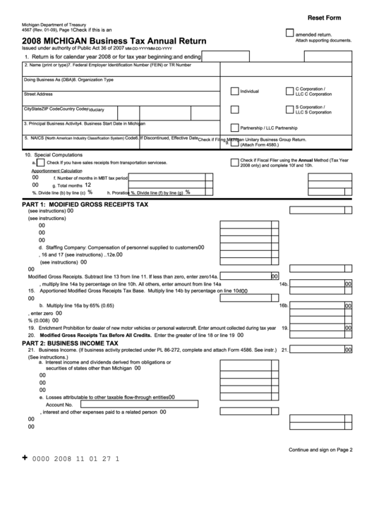 Fillable Form 4567 - Michigan Business Tax Annual Return - 2008 Printable pdf
