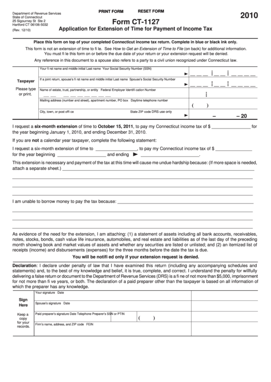 Fillable Form Ct-1127 - Application For Extension Of Time For Payment Of Income Tax - 2010 Printable pdf