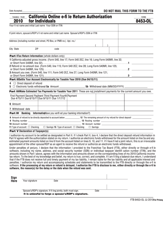Form 8453-Ol - California Online E-Fi Le Return Authorization For Individuals - 2010 Printable pdf