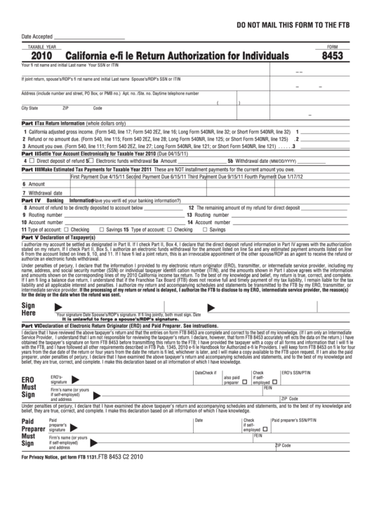 Fillable Form 8453 - California E-File Return Authorization For Individuals - 2010 Printable pdf