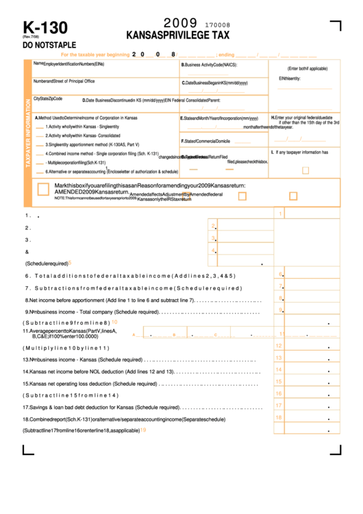 form-k-130-kansas-privilege-tax-form-2009-printable-pdf-download