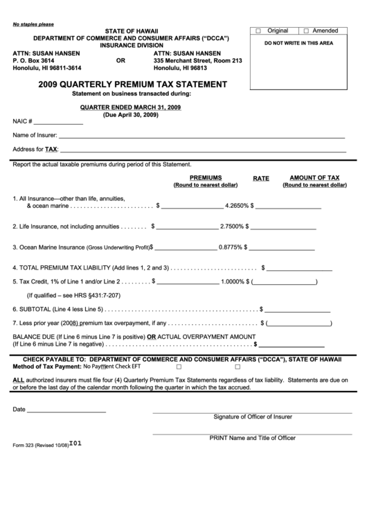 Form 323 - Quarterly Premium Tax Statement - 2009 Printable pdf