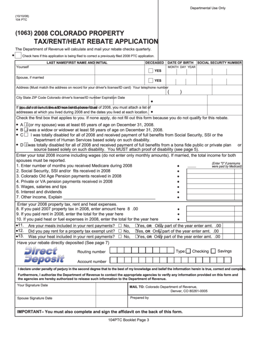 Fillable Form 104 Ptc - Colorado Property Tax/rent/heat Rebate Application - 2008 Printable pdf